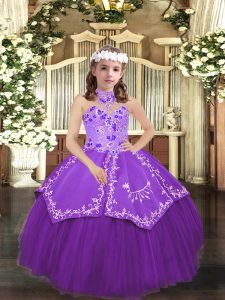 Halter Top Sleeveless Tulle Little Girls Pageant Dress Wholesale Embroidery Lace Up