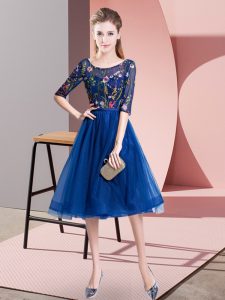 Ideal Empire Damas Dress Royal Blue Scoop Tulle Half Sleeves Knee Length Lace Up