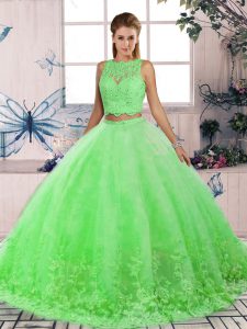 Sexy Green Tulle Backless Scalloped Sleeveless Vestidos de Quinceanera Sweep Train Lace