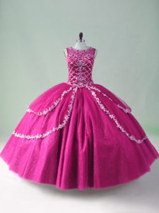 Attractive Floor Length Zipper Quinceanera Dress Fuchsia for Sweet 16 and Quinceanera with Beading and Appliques