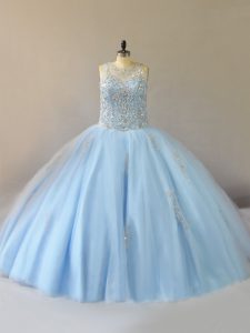 Tulle Scoop Sleeveless Lace Up Beading Ball Gown Prom Dress in Light Blue