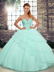 Apple Green Lace Up Sweetheart Beading and Ruffled Layers Quinceanera Dresses Tulle Sleeveless Brush Train