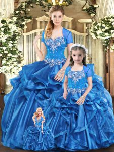 Fitting Sweetheart Sleeveless Lace Up Sweet 16 Dress Blue Organza