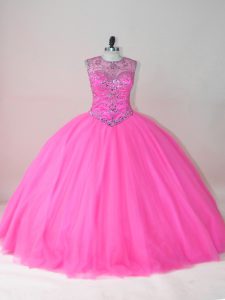 New Style Rose Pink Tulle Lace Up Sweet 16 Dress Sleeveless Floor Length Beading