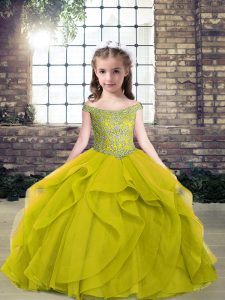 Off The Shoulder Sleeveless Little Girls Pageant Gowns Floor Length Beading Olive Green Tulle