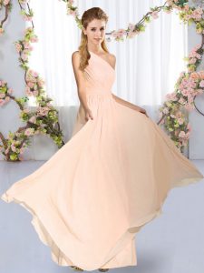 Floor Length Lace Up Quinceanera Court of Honor Dress Peach for Wedding Party with Ruching