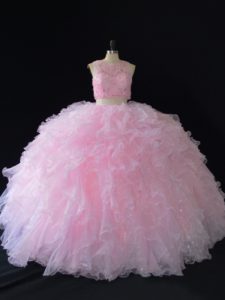 Fancy Baby Pink Two Pieces Organza Scoop Sleeveless Beading Floor Length Zipper Quinceanera Dresses