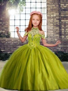 Olive Green High-neck Lace Up Beading Little Girls Pageant Dress Wholesale Sleeveless