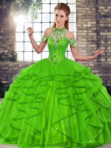 Exceptional Halter Top Sleeveless Lace Up 15th Birthday Dress Green Tulle