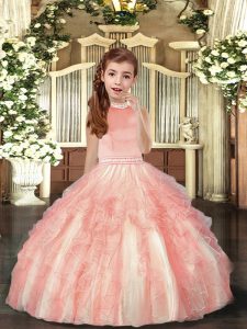 Halter Top Sleeveless Backless Child Pageant Dress Peach Tulle