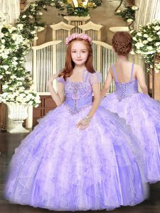 Lavender Lace Up Straps Beading and Ruffles Little Girls Pageant Gowns Tulle Sleeveless