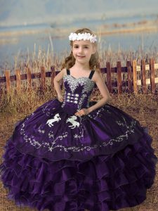 Ball Gowns Little Girl Pageant Gowns Purple Straps Organza Sleeveless Floor Length Lace Up