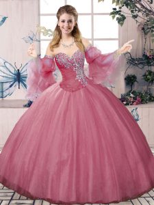 Pink Ball Gowns Beading and Ruching Ball Gown Prom Dress Lace Up Tulle Sleeveless Floor Length