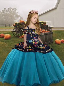 Sleeveless Floor Length Embroidery Lace Up Pageant Gowns For Girls with Teal