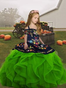 Green Organza Lace Up Girls Pageant Dresses Sleeveless Floor Length Embroidery and Ruffles