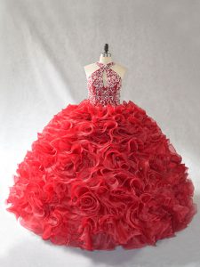 Red 15 Quinceanera Dress Organza Brush Train Sleeveless Beading and Ruffles