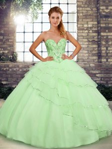 Dynamic Yellow Green Lace Up Sweet 16 Dresses Beading and Ruffled Layers Sleeveless Brush Train
