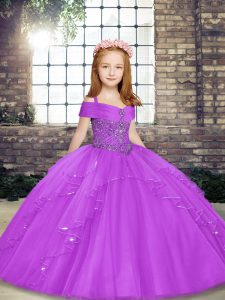 Lilac Sleeveless Tulle Lace Up Little Girls Pageant Gowns for Party and Sweet 16 and Wedding Party