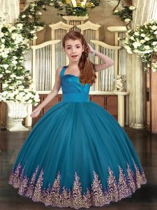 Teal Lace Up Straps Appliques and Ruching Child Pageant Dress Tulle Sleeveless