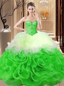 Exceptional Fabric With Rolling Flowers Sweetheart Sleeveless Lace Up Beading and Ruffles Quinceanera Dress in Multi-color