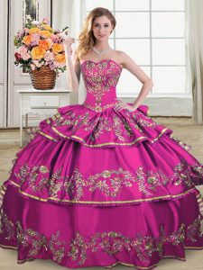 Hot Selling Floor Length Lace Up Vestidos de Quinceanera Fuchsia for Sweet 16 and Quinceanera with Embroidery and Ruffled Layers