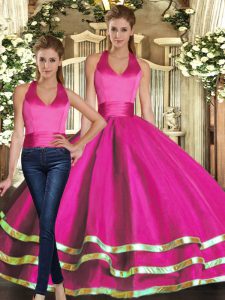 Fuchsia Tulle Lace Up Quinceanera Dress Sleeveless Floor Length Ruffled Layers