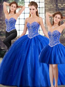 Great Sweetheart Sleeveless Quince Ball Gowns Brush Train Beading Blue Tulle