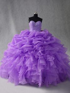 Exquisite Sleeveless Floor Length Beading and Ruffles and Pick Ups Lace Up Quinceanera Gown with Lavender
