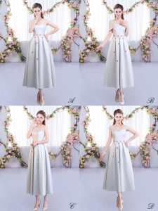 Latest Silver Satin Lace Up Straps Sleeveless Tea Length Damas Dress Appliques