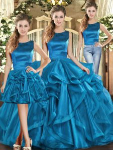 Customized Organza Sleeveless Floor Length Quinceanera Gowns and Ruffles