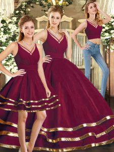 Hot Sale Ruffled Layers Ball Gown Prom Dress Burgundy Backless Sleeveless Floor Length