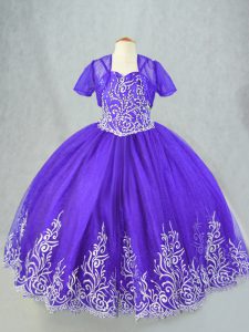 Purple Ball Gowns Tulle Spaghetti Straps Sleeveless Beading and Embroidery Floor Length Lace Up Kids Formal Wear