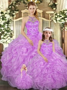 Lilac Ball Gowns Halter Top Sleeveless Tulle Floor Length Lace Up Beading and Ruffles Quince Ball Gowns