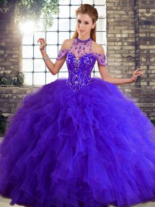 Lovely Purple Lace Up Quince Ball Gowns Beading and Ruffles Sleeveless Floor Length