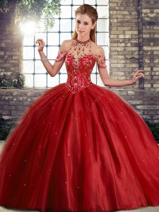 Fitting Wine Red Ball Gowns Tulle Halter Top Sleeveless Beading Lace Up Quinceanera Dress Brush Train