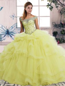 Free and Easy Yellow Off The Shoulder Neckline Beading and Ruffles Quinceanera Gown Sleeveless Lace Up