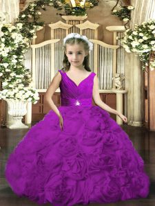 Purple Sleeveless Beading and Ruching Floor Length Little Girls Pageant Dress