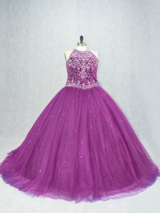 Sleeveless Tulle Lace Up Sweet 16 Dress in Purple with Beading
