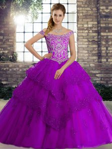 Purple Tulle Lace Up Off The Shoulder Sleeveless 15 Quinceanera Dress Brush Train Beading and Lace