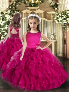 Fuchsia Scoop Neckline Ruffles Pageant Gowns For Girls Sleeveless Lace Up