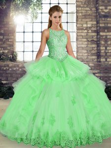 Cute Ball Gowns Lace and Embroidery and Ruffles Quinceanera Dresses Lace Up Tulle Sleeveless Floor Length