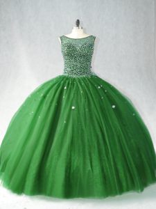 Traditional Brush Train Ball Gowns Quinceanera Dresses Dark Green Scoop Tulle Sleeveless Zipper