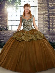 Superior Brown Sleeveless Beading and Appliques Floor Length 15th Birthday Dress