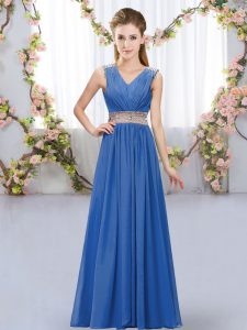 V-neck Sleeveless Quinceanera Court Dresses Floor Length Beading and Belt Blue Chiffon