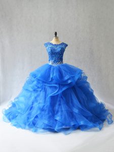 Sleeveless Brush Train Beading and Lace Lace Up Sweet 16 Quinceanera Dress