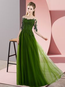 Gorgeous Chiffon Bateau Half Sleeves Lace Up Beading and Lace Court Dresses for Sweet 16 in Olive Green