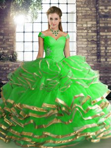 Customized Off The Shoulder Sleeveless Quince Ball Gowns Floor Length Beading and Ruffled Layers Green Tulle