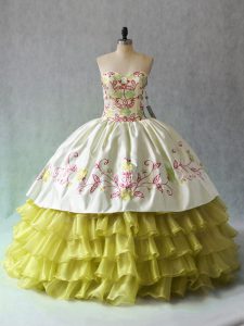 Sweetheart Sleeveless 15 Quinceanera Dress Floor Length Beading and Ruffled Layers Yellow Green Organza