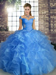 Dynamic Blue Ball Gowns Organza Off The Shoulder Sleeveless Beading and Ruffles Floor Length Lace Up Sweet 16 Dresses