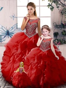 Red Organza Zipper Off The Shoulder Sleeveless Floor Length Quinceanera Gowns Beading and Ruffles